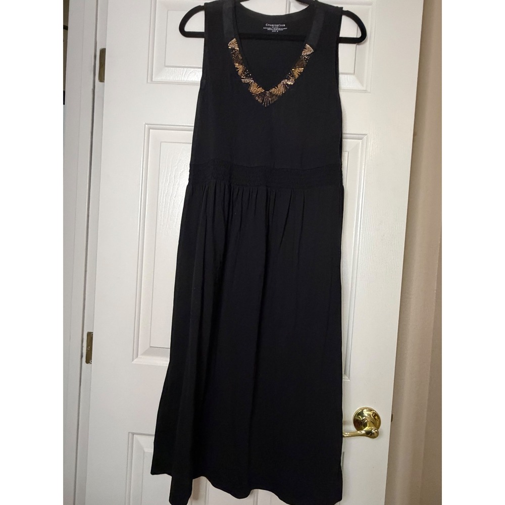 Charter Club Womens Black Beaded V-Neck Sleeveless Smocked Midi Dress Size M